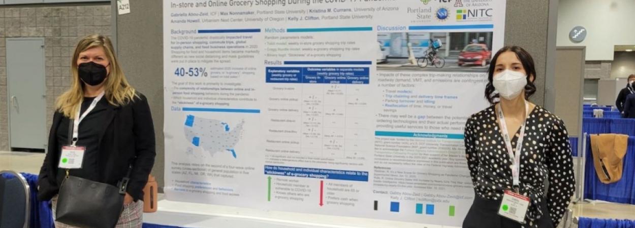 Abou-Zeid (right) in front of her research poster with PSU professor Kelly Clifton at TRB 2022