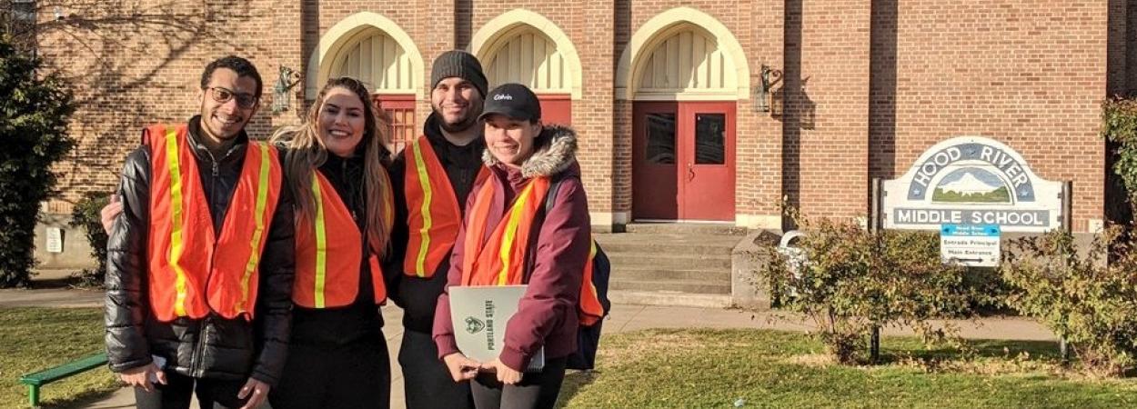 Four PSU students made a trip to observe the infrastructure at Hood River Middle School. From left: Ali AlQaatri, Ashley Arries, Ahmad Alateeqi, Atiporn Huayhongtong