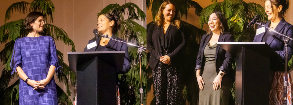 Dawn Walter (left) and Jamie Arnau (center right) are presented with their awards by Portland Chapter Scholarship Chair Jessica Berry, at the 2023 annual WTS Winter Gala