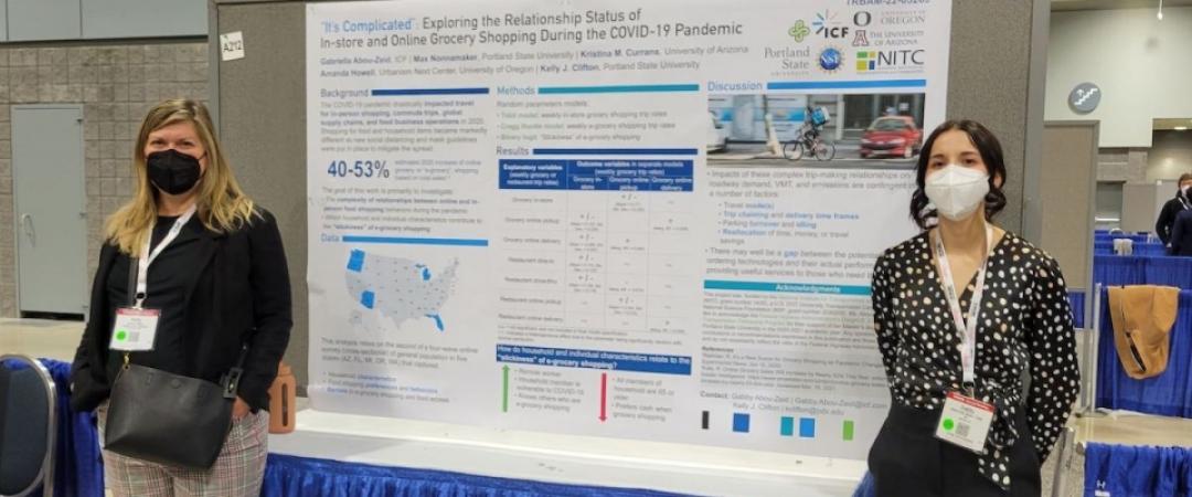 Abou-Zeid (right) in front of her research poster with PSU professor Kelly Clifton at TRB 2022