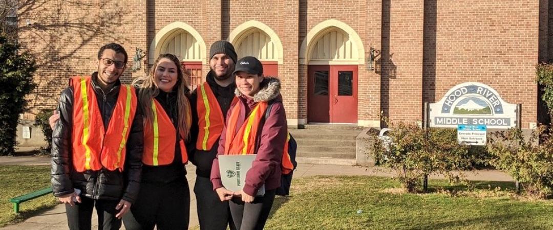 Four PSU students made a trip to observe the infrastructure at Hood River Middle School. From left: Ali AlQaatri, Ashley Arries, Ahmad Alateeqi, Atiporn Huayhongtong