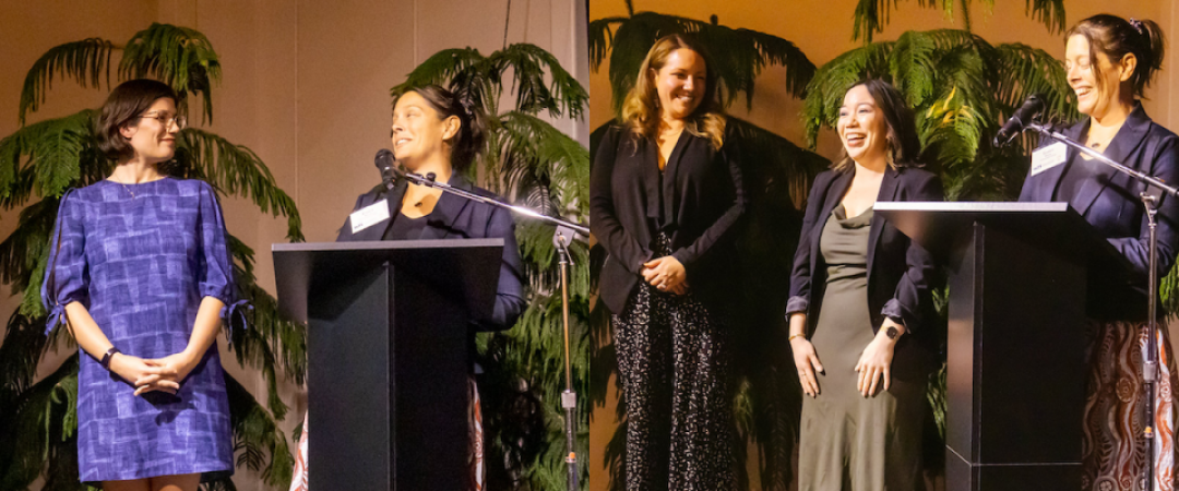 Dawn Walter (left) and Jamie Arnau (center right) are presented with their awards by Portland Chapter Scholarship Chair Jessica Berry, at the 2023 annual WTS Winter Gala